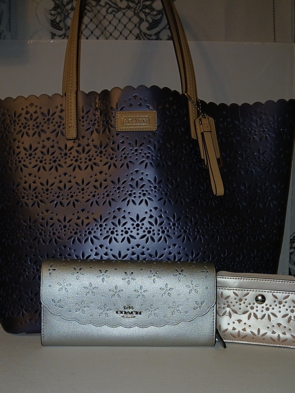 Coach Park Metro Eyelet Leather Tote in a metallic slate blue